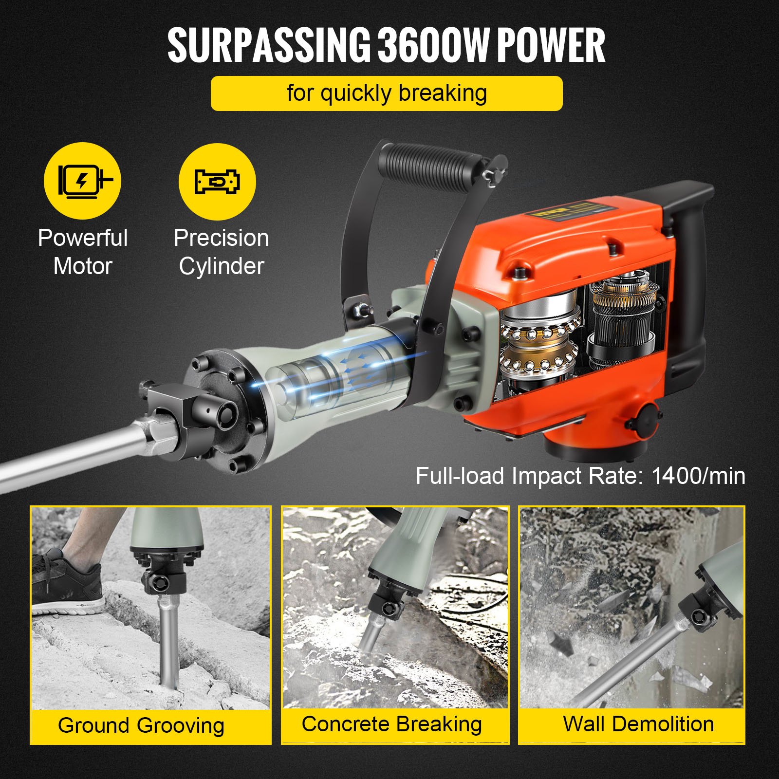 VEVOR Demolition Jack Hammer 3600W Jack Hammer Concrete Breaker 1400 BPM Heavy Duty Electric Jack Hammer 4pcs Chisels Bit w/Gloves & 360°Swiveling Front Handle for Trenching, Chipping, Breaking Holes