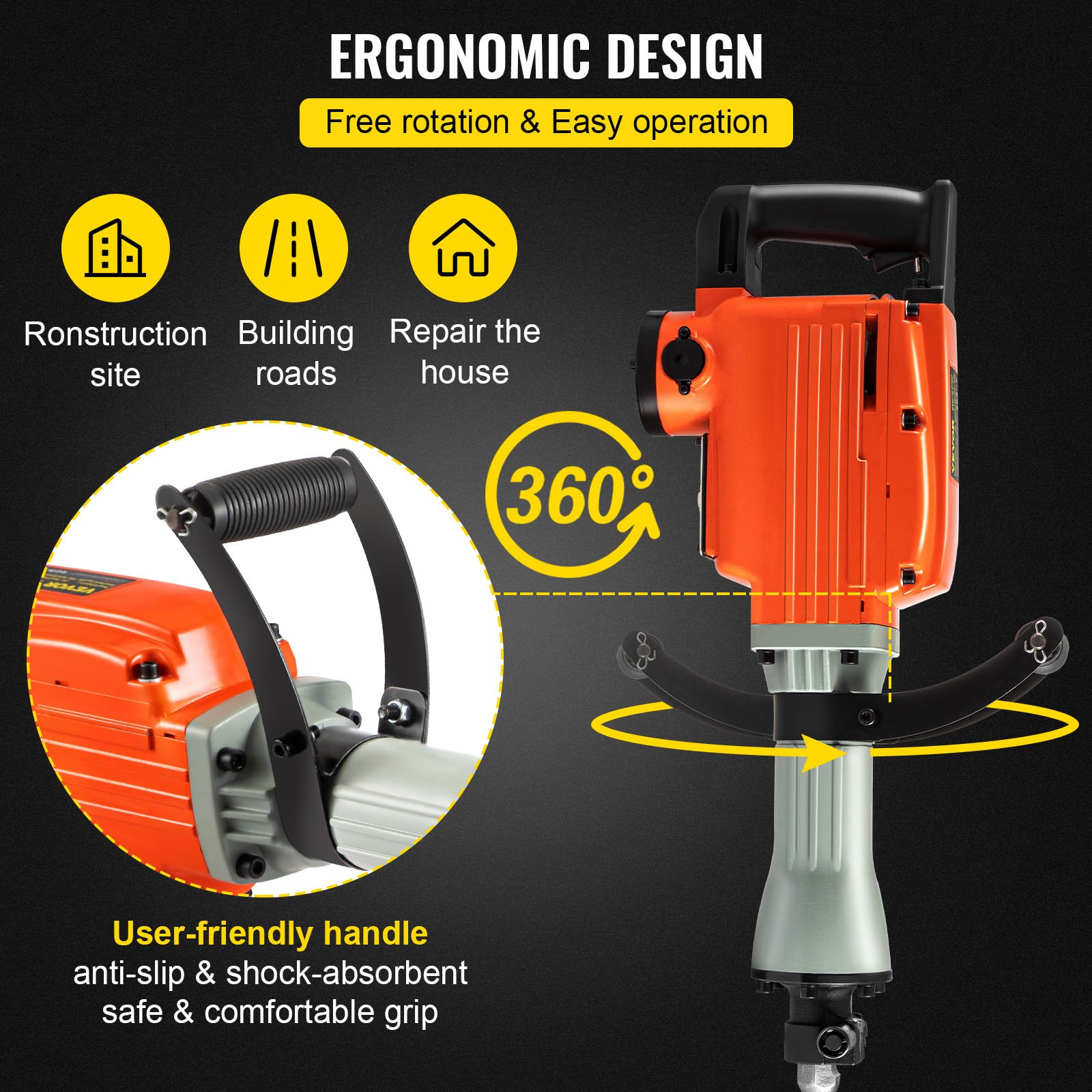 VEVOR Demolition Jack Hammer 3600W Jack Hammer Concrete Breaker 1400 BPM Heavy Duty Electric Jack Hammer 4pcs Chisels Bit w/Gloves & 360°Swiveling Front Handle for Trenching, Chipping, Breaking Holes