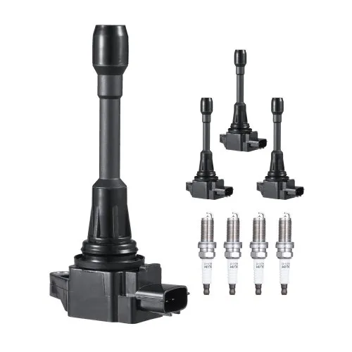 VEVOR Ignition Coil Pack and Spark Plugs, Set of 4, Compatible with Nissan Altima Versa Sentra Cube Rogue NV200 2.5L 2.0L 1.8L 1.6L L4, Replacement for 22448ED000 22448JA00A 22448JA00C 22448-JA00A
