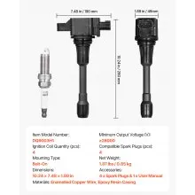 VEVOR Ignition Coil Pack and Spark Plugs, Set of 4, Compatible with Nissan Altima Versa Sentra Cube Rogue NV200 2.5L 2.0L 1.8L 1.6L L4, Replacement for 22448ED000 22448JA00A 22448JA00C 22448-JA00A
