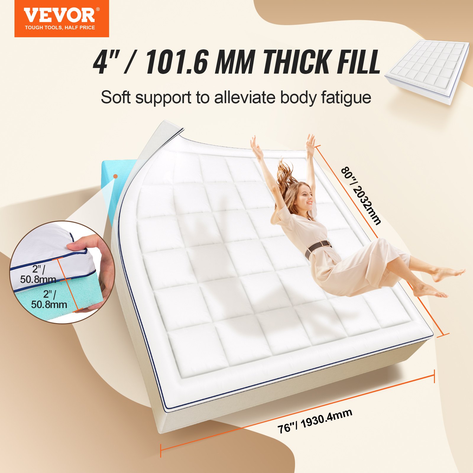 VEVOR Mattress Topper, King Size, 101.6 mm Thickness, Memory Foam, Fiber Fill, Detachable & Washable, Ergonomically Designed for Pressure Relief, Comfortable Cooling & Breathable, for Hot Sleepers