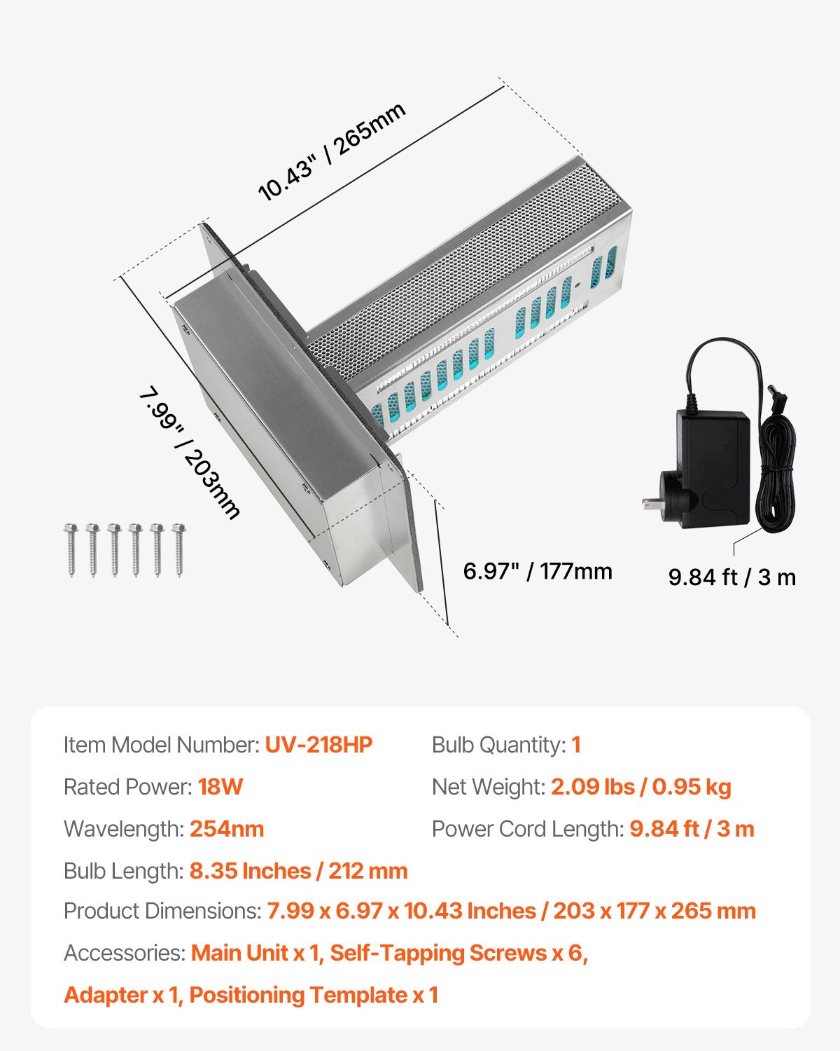 VEVOR HVAC Air Purifier Whole House, 18W 9inch, Light in Duct for Ac (Air Conditioning) Duct, Air Scrubber with 2 Bulb, PCO Technology HVAC lights with Power Cord for Ac Systems