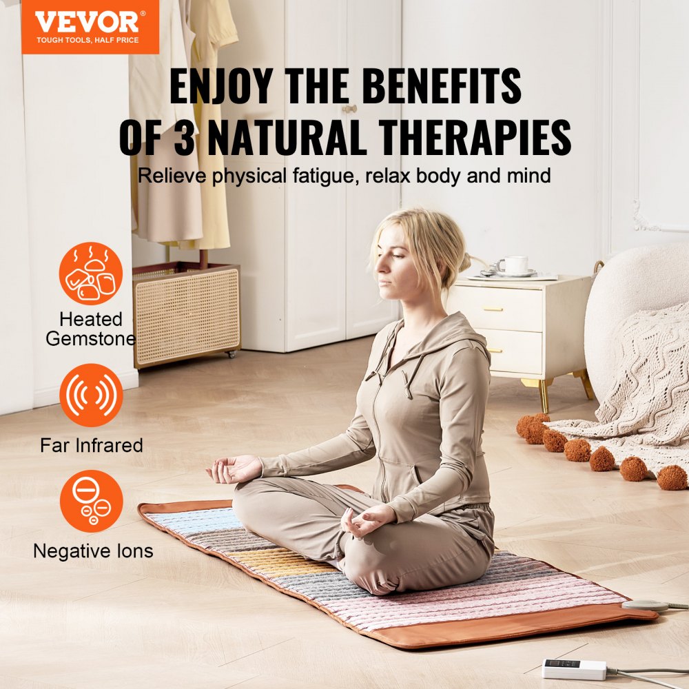 VEVOR Far Infrared Heating Pad, 5 Natural Crystal Gemstones Mat, Full-Body Amethyst Heating Pad with Negative Ions, 103-159℉ Heating, 0-12 Hours Timer for Back Waist Leg Pain Relief (67 x 27-inch)