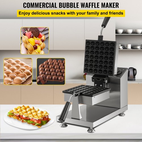 VEVOR Commercial Bubble Waffle Maker, 8" Square Mould, 1200W Egg Bubble Puff Iron w/ 360°Rotatable 2 Pans & Bent Handles, Stainless Steel Baker w/ Non-Stick Teflon Coating, 50-300℃/122-572℉ Adjustable