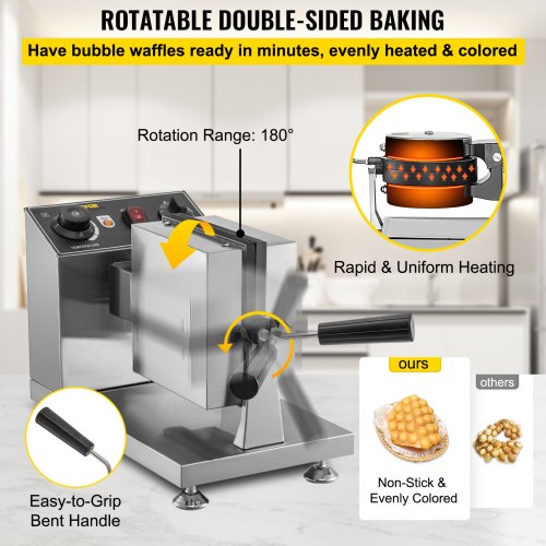 VEVOR Commercial Bubble Waffle Maker, 8" Square Mould, 1200W Egg Bubble Puff Iron w/ 360°Rotatable 2 Pans & Bent Handles, Stainless Steel Baker w/ Non-Stick Teflon Coating, 50-300℃/122-572℉ Adjustable