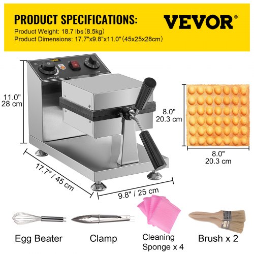 VEVOR Commercial Bubble Waffle Maker, 8" Square Mould, 1200W Egg Bubble Puff Iron w/ 360°Rotatable 2 Pans & Bent Handles, Stainless Steel Baker w/ Non-Stick Teflon Coating, 50-300℃/122-572℉ Adjustable
