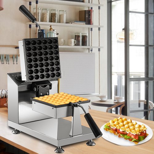 VEVOR Commercial Bubble Waffle Maker, 8" Square Mould, 1200W Egg Bubble Puff Iron w/ 360°Rotatable 2 Pans & Bent Handles, Stainless Steel Baker w/ Non-Stick Teflon Coating, 50-300℃/122-572℉ Adjustable