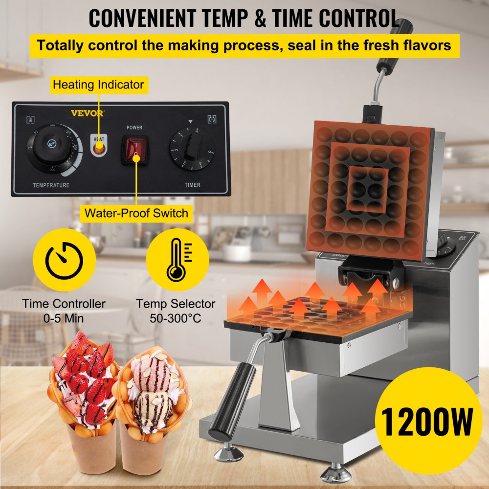 VEVOR Commercial Bubble Waffle Maker, 8" Square Mould, 1200W Egg Bubble Puff Iron w/ 360°Rotatable 2 Pans & Bent Handles, Stainless Steel Baker w/ Non-Stick Teflon Coating, 50-300℃/122-572℉ Adjustable