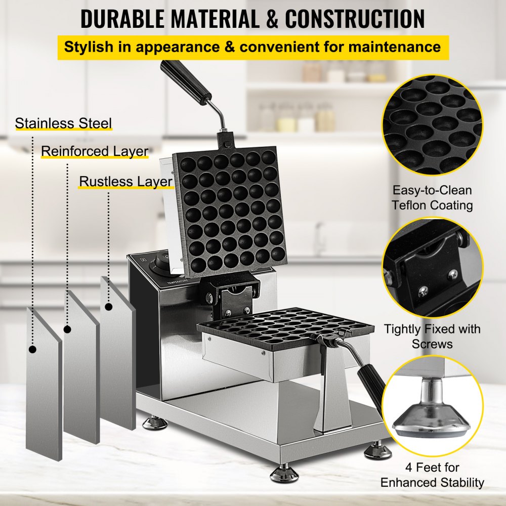 VEVOR Commercial Bubble Waffle Maker, 8" Square Mould, 1200W Egg Bubble Puff Iron w/ 360°Rotatable 2 Pans & Bent Handles, Stainless Steel Baker w/ Non-Stick Teflon Coating, 50-300℃/122-572℉ Adjustable