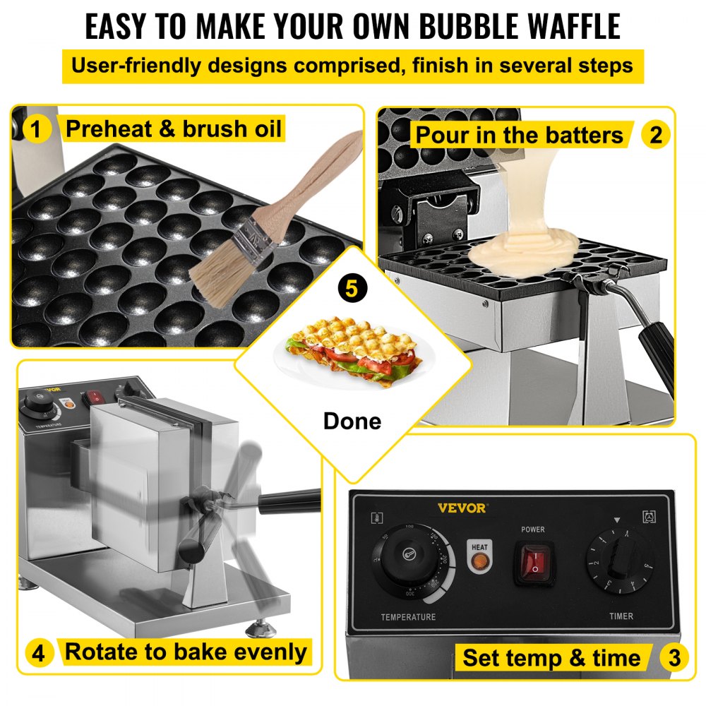 VEVOR Commercial Bubble Waffle Maker, 8" Square Mould, 1200W Egg Bubble Puff Iron w/ 360°Rotatable 2 Pans & Bent Handles, Stainless Steel Baker w/ Non-Stick Teflon Coating, 50-300℃/122-572℉ Adjustable