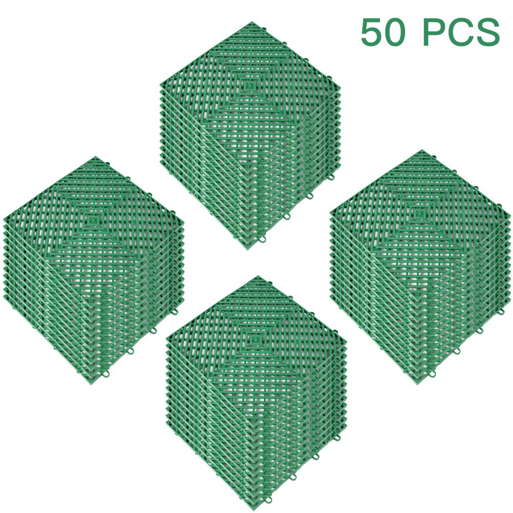 green VEVOR interlocking deck tiles, 50 pieces per pack, arranged in four stacks.