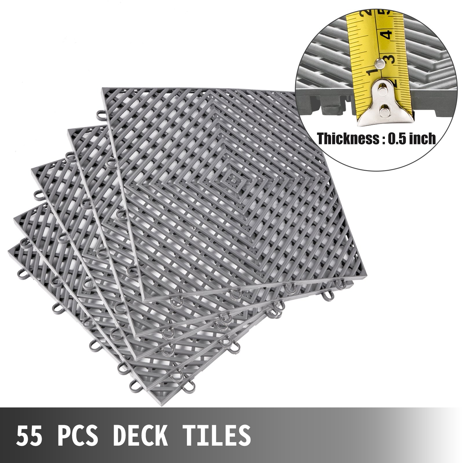 VEVOR Tiles Interlocking 55 PCS Gary, Drainage Tiles 12x12x0.5 Inches, Deck Tiles Outdoor Floor Tiles, Outdoor Interlocking Tiles, Deck Flooring for Pool Shower Bathroom Deck Patio Garage