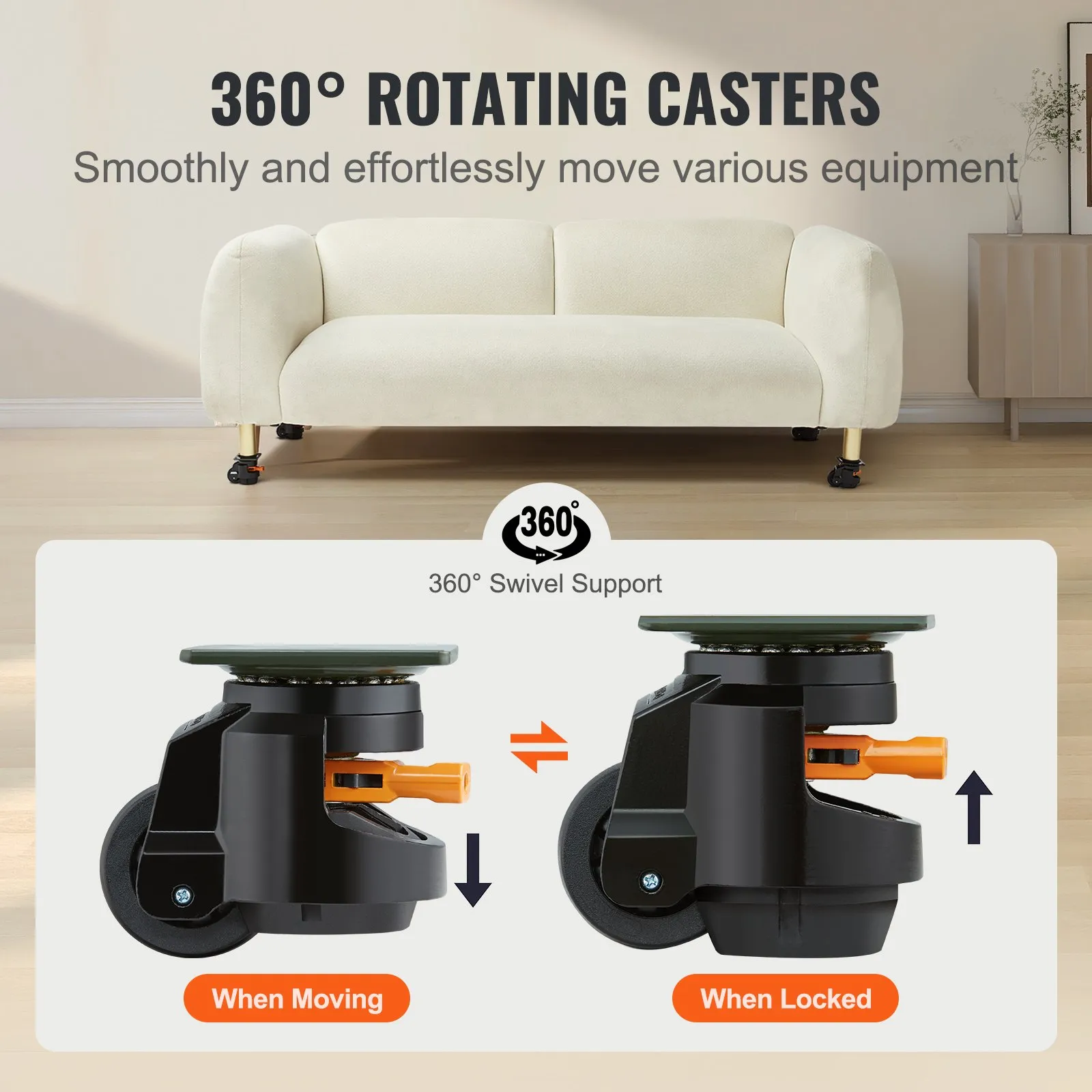 VEVOR Leveling Casters, Set of 19141.6 kg Total Load Capacity, 6.3 cm, Heavy Duty with Upgraded Handle Design, 360 Degree Swivel Caster Wheels, Adjustable Casters with Feet for Workbench, Machine