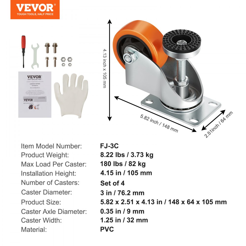 VEVOR leveling casters set with dimensions, tools, gloves, and product specifications. model fj-3c.