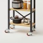 kitchen cart with VEVOR leveling casters, housing cookware, small appliances, pasta, and corn kernels.