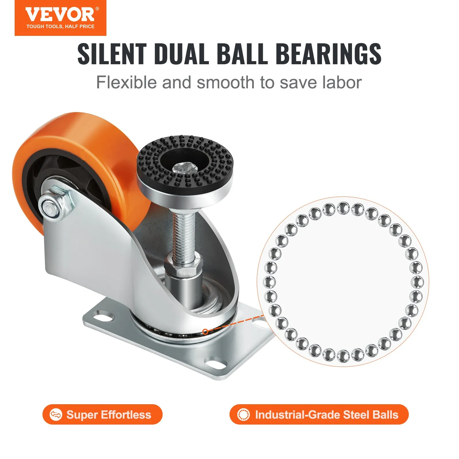 VEVOR leveling casters with silent dual ball bearings and industrial-grade steel balls for smooth mobility.
