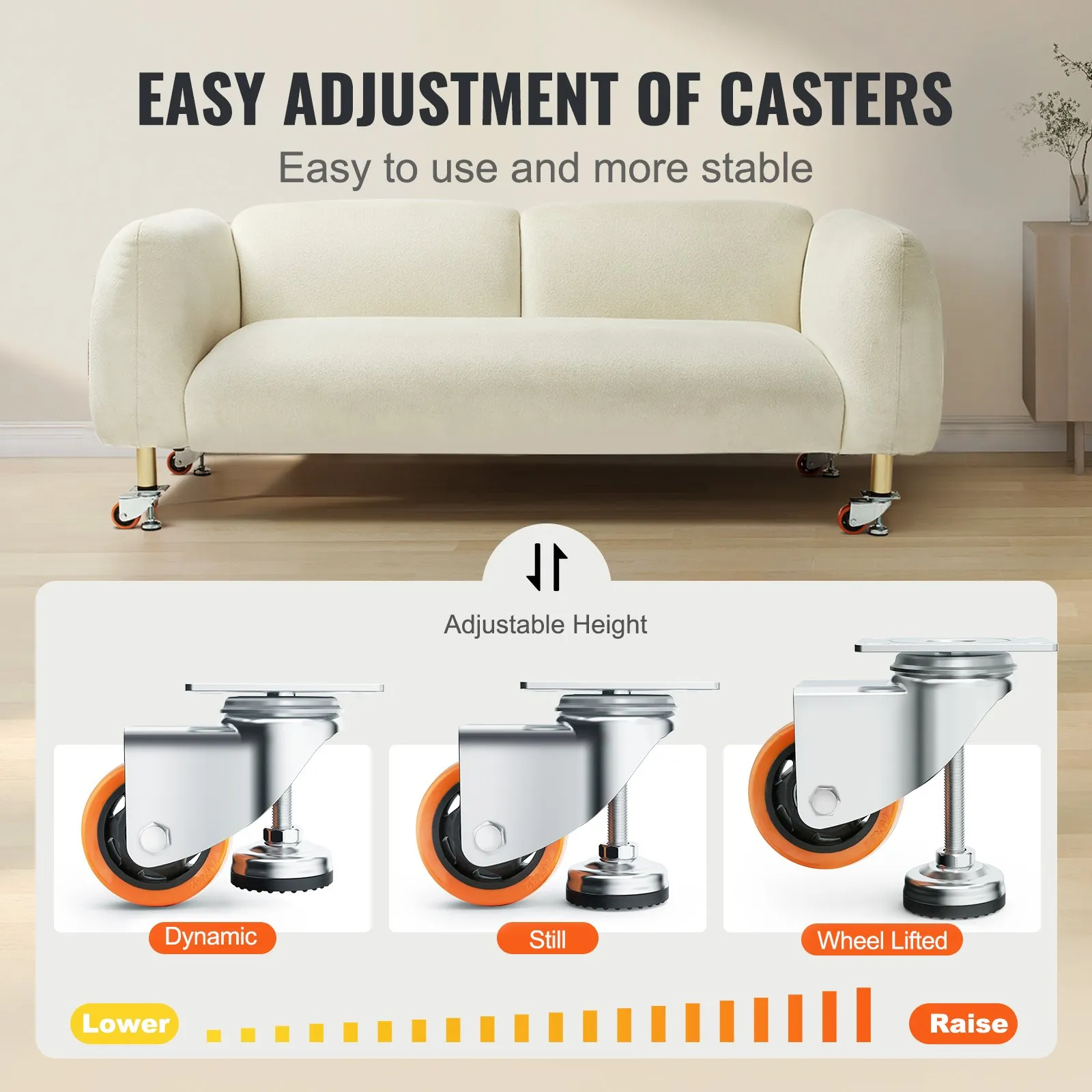 VEVOR leveling casters adjustable, showcasing dynamic, still, and wheel lifted positions with ease.