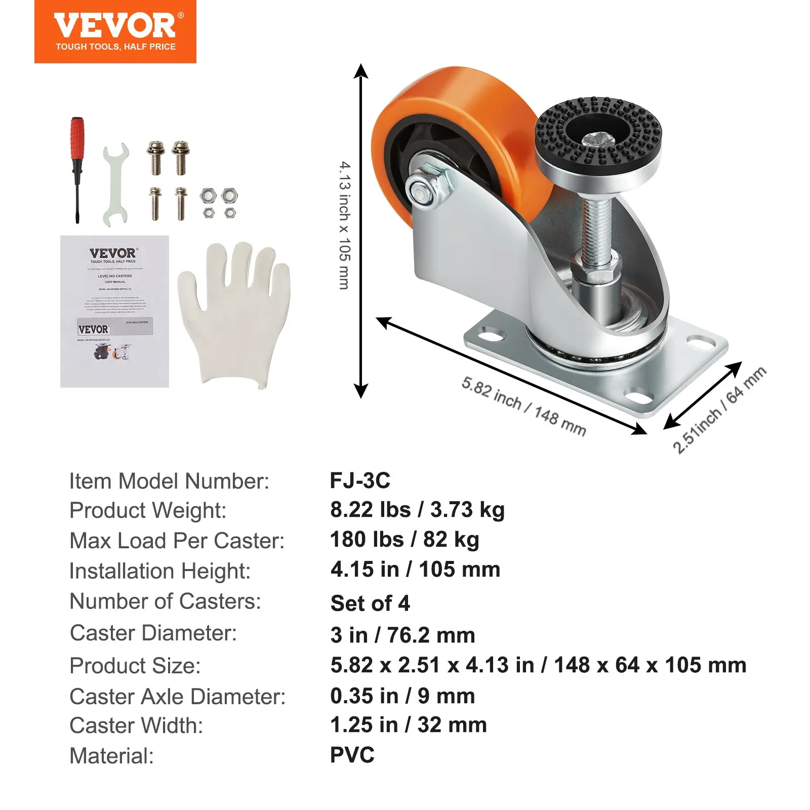 VEVOR leveling casters set with dimensions, tools, gloves, and product specifications. model fj-3c.