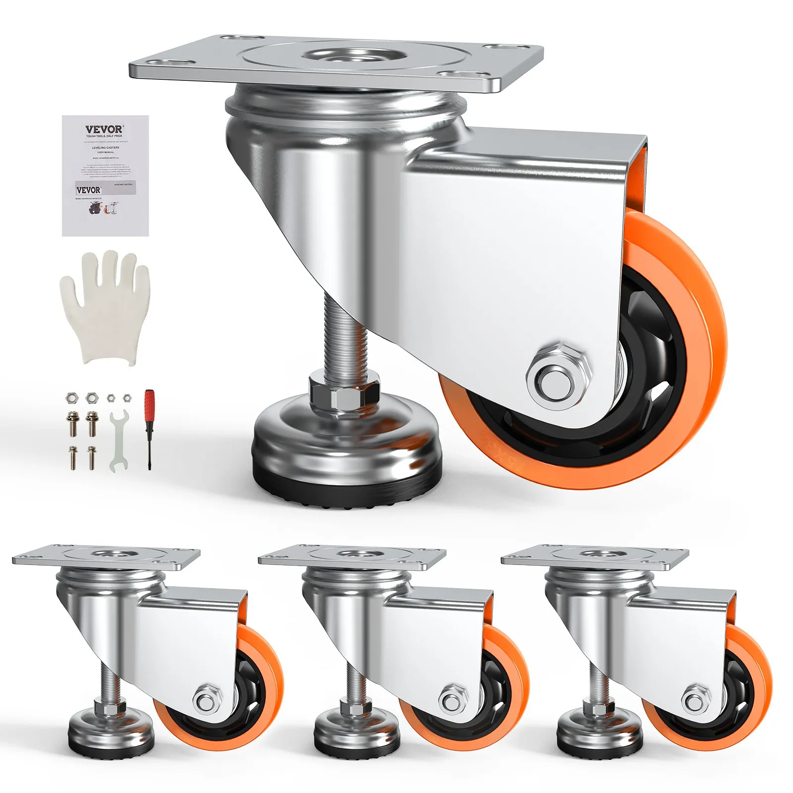 VEVOR leveling casters set with orange wheels, manual, gloves, and installation tools.
