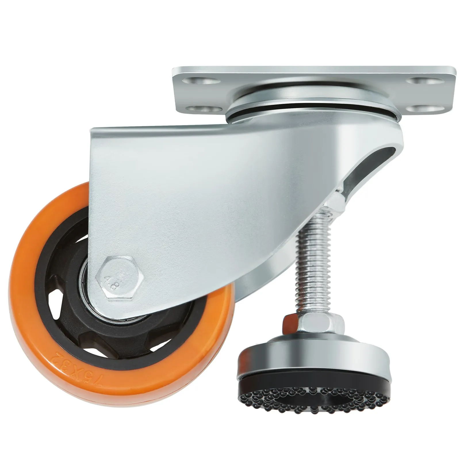 orange and black VEVOR leveling casters with a metal base and adjustable leveling foot.