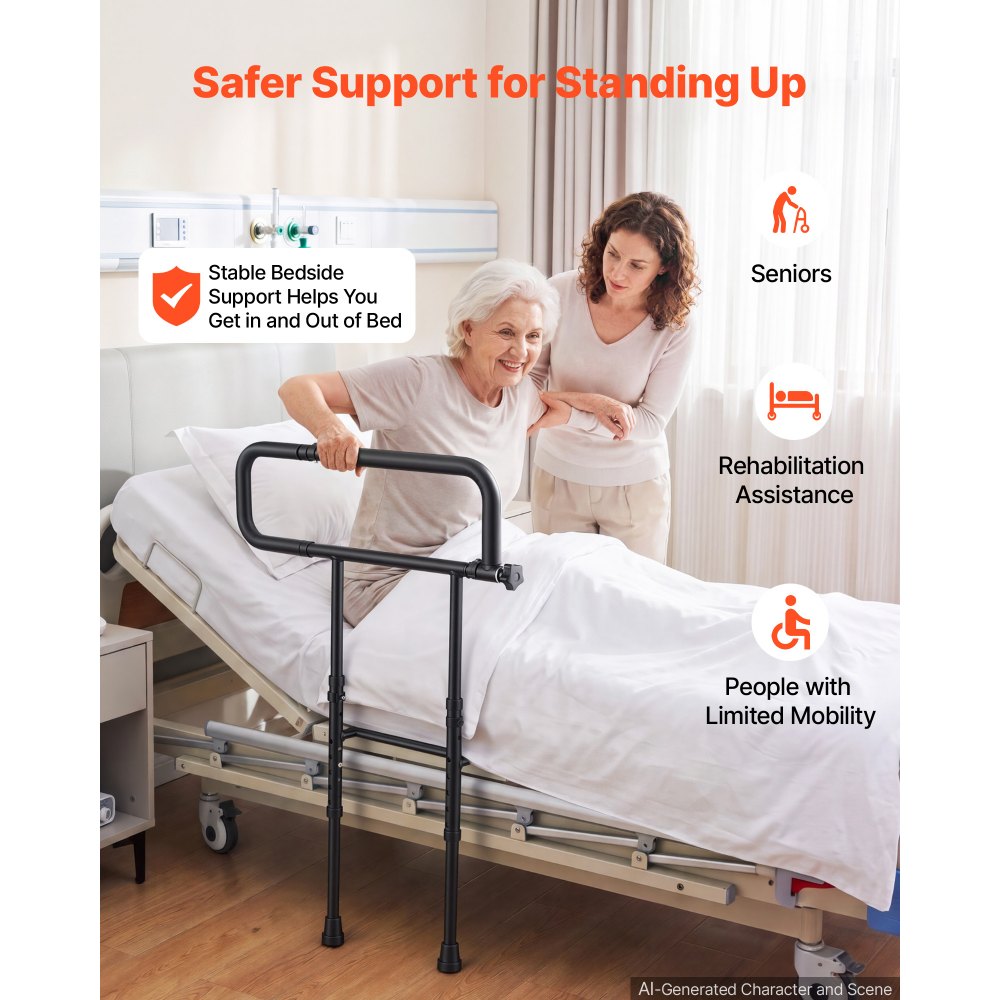 VEVOR Bed Rails for Elderly Adults Folding Bed Side Rail with Floor Support, Length & Height Adjustable, High-Strength Steel Bedside Assist Cane, Fits King Queen Full Twin Bed, 300LBS Strong Capacity