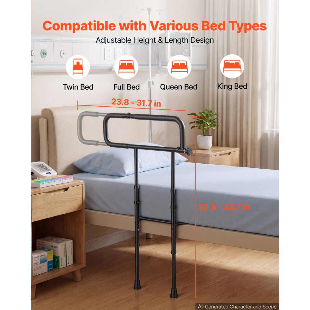 VEVOR Bed Rails for Elderly Adults Folding Bed Side Rail with Floor Support, Length & Height Adjustable, High-Strength Steel Bedside Assist Cane, Fits King Queen Full Twin Bed, 300LBS Strong Capacity