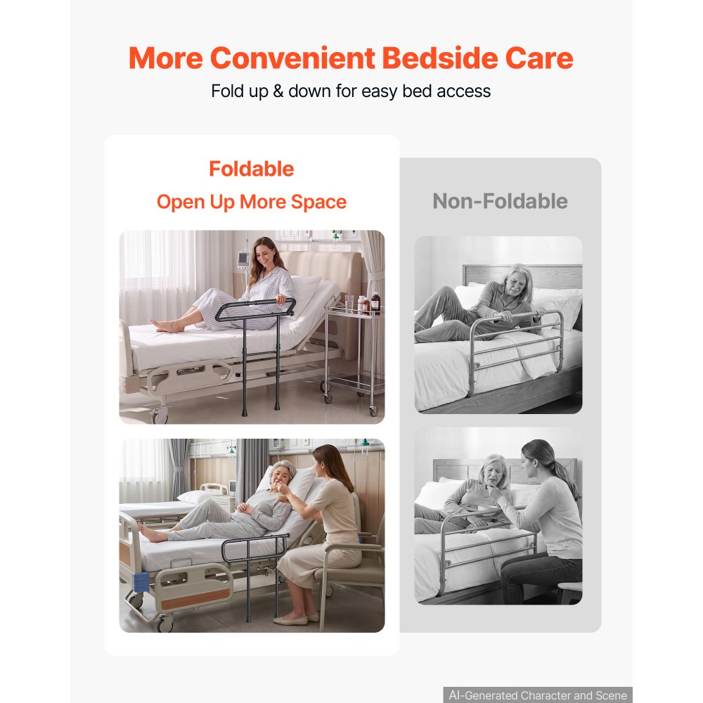 VEVOR Bed Rails for Elderly Adults Folding Bed Side Rail with Floor Support, Length & Height Adjustable, High-Strength Steel Bedside Assist Cane, Fits King Queen Full Twin Bed, 300LBS Strong Capacity