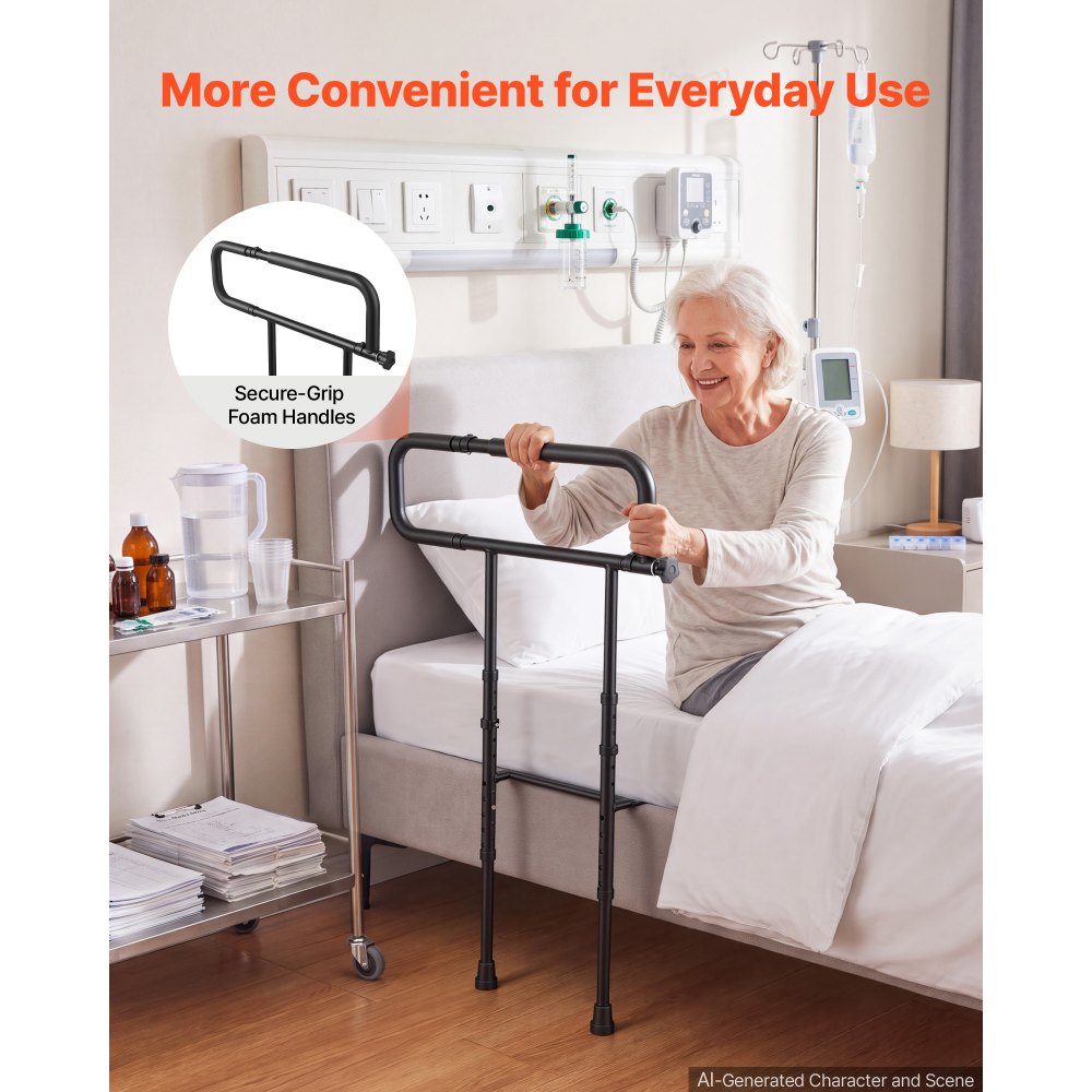 VEVOR Bed Rails for Elderly Adults Folding Bed Side Rail with Floor Support, Length & Height Adjustable, High-Strength Steel Bedside Assist Cane, Fits King Queen Full Twin Bed, 300LBS Strong Capacity