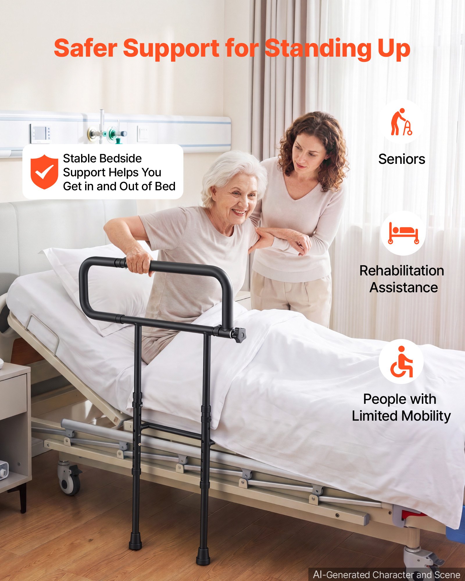 VEVOR Bed Rails for Elderly Adults Folding Bed Side Rail with Floor Support, Length & Height Adjustable, High-Strength Steel Bedside Assist Cane, Fits King Queen Full Twin Bed, 300LBS Strong Capacity