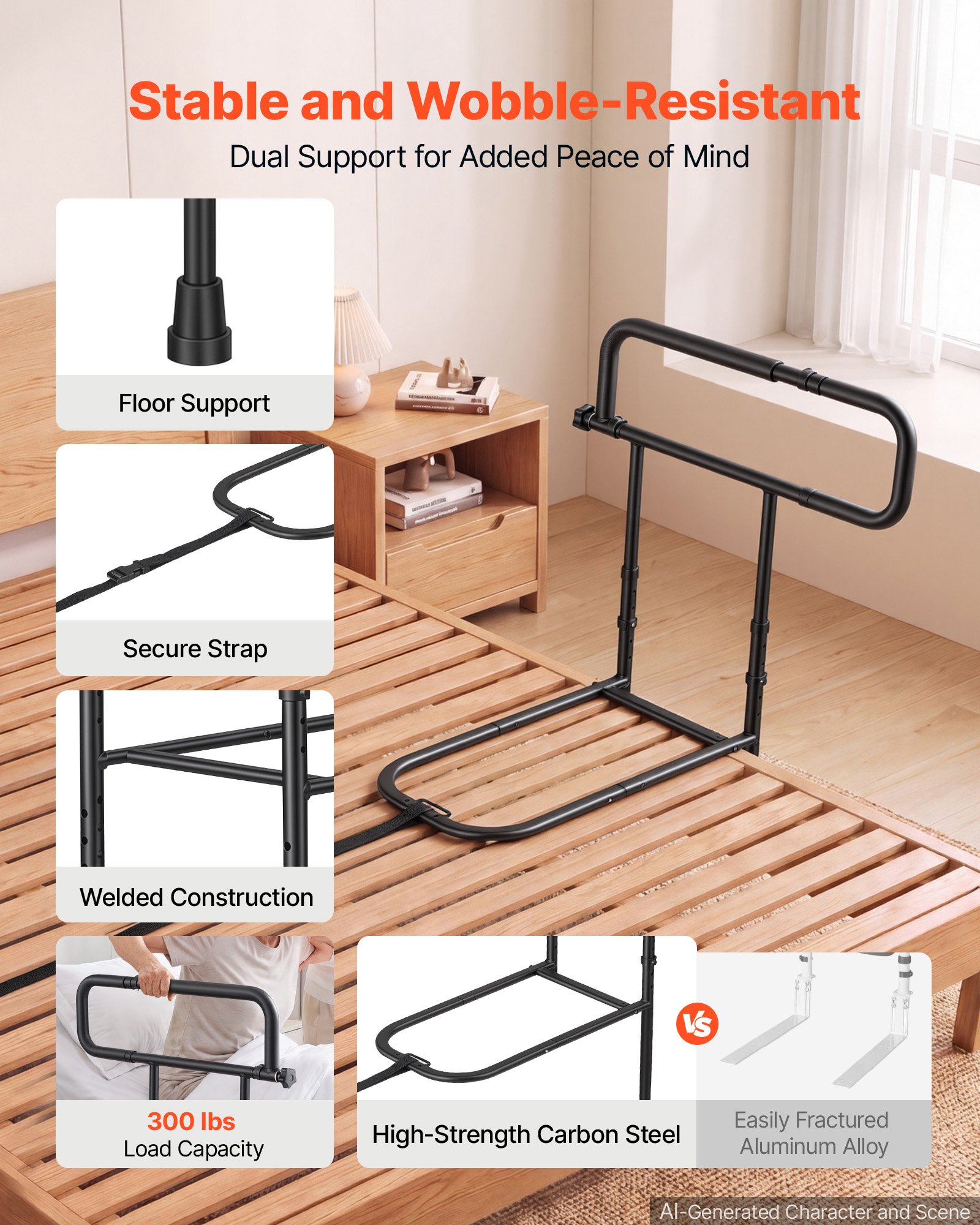 VEVOR Bed Rails for Elderly Adults Folding Bed Side Rail with Floor Support, Length & Height Adjustable, High-Strength Steel Bedside Assist Cane, Fits King Queen Full Twin Bed, 300LBS Strong Capacity