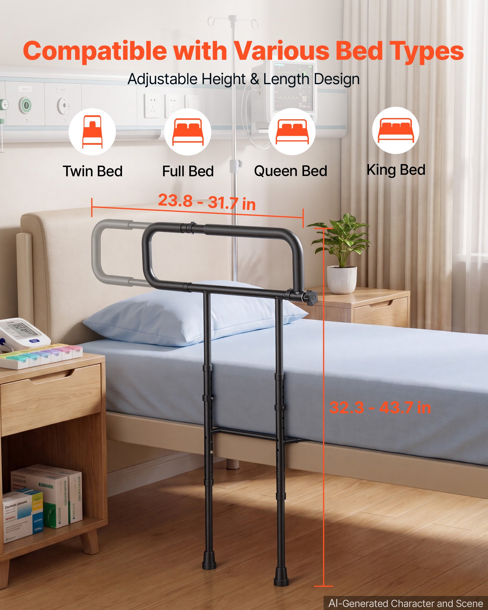 VEVOR Bed Rails for Elderly Adults Folding Bed Side Rail with Floor Support, Length & Height Adjustable, High-Strength Steel Bedside Assist Cane, Fits King Queen Full Twin Bed, 300LBS Strong Capacity
