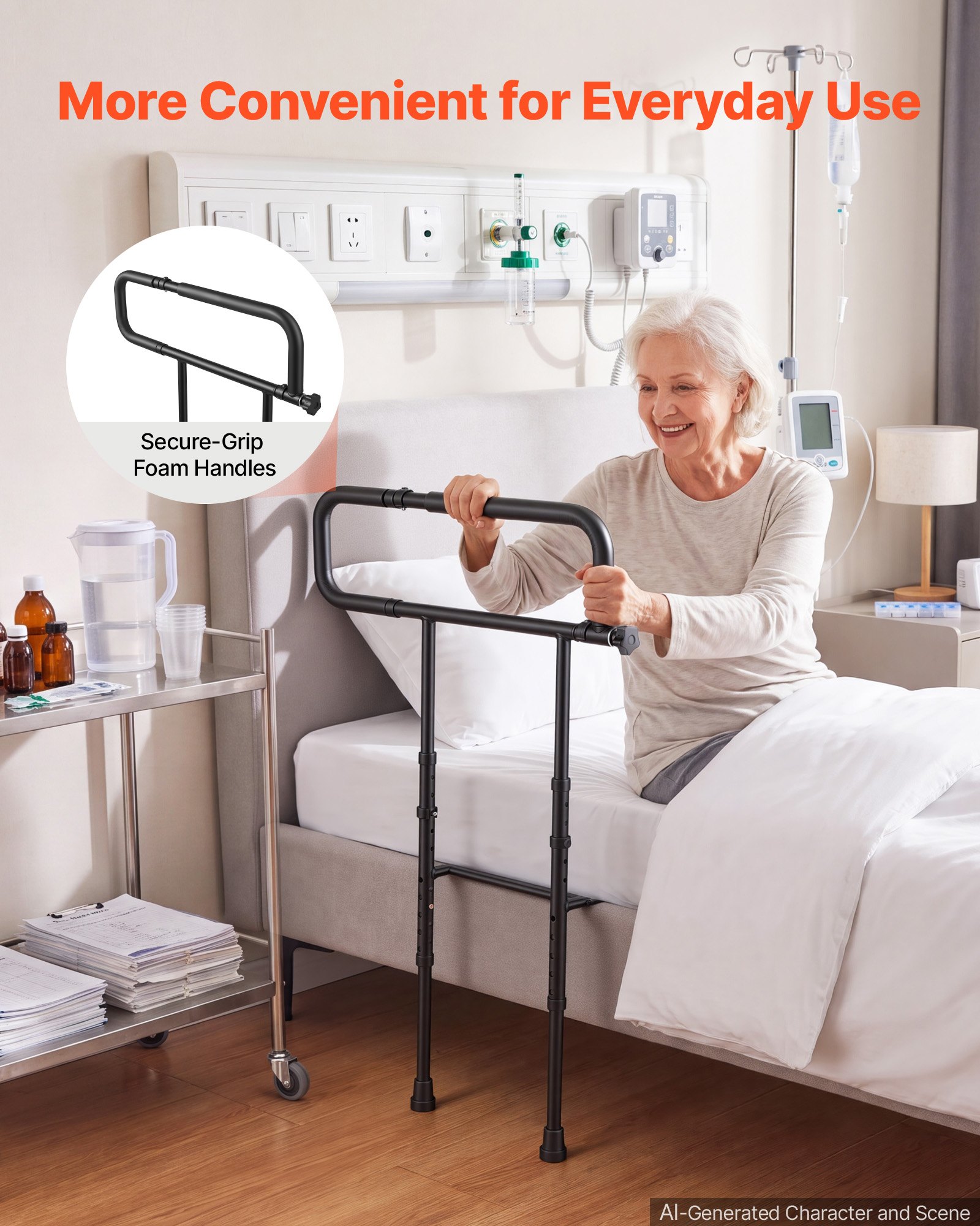 VEVOR Bed Rails for Elderly Adults Folding Bed Side Rail with Floor Support, Length & Height Adjustable, High-Strength Steel Bedside Assist Cane, Fits King Queen Full Twin Bed, 300LBS Strong Capacity