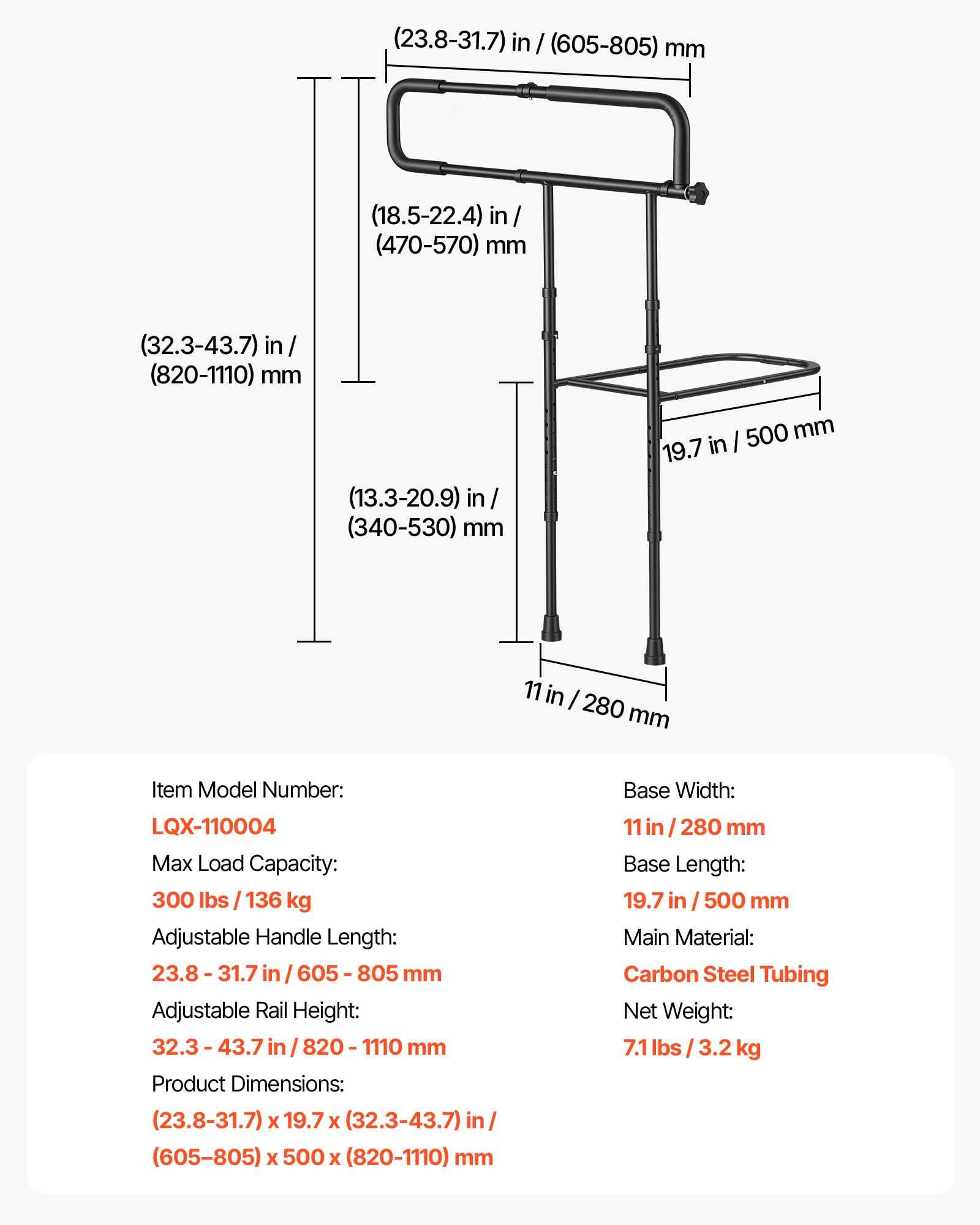 VEVOR Bed Rails for Elderly Adults Folding Bed Side Rail with Floor Support, Length & Height Adjustable, High-Strength Steel Bedside Assist Cane, Fits King Queen Full Twin Bed, 300LBS Strong Capacity