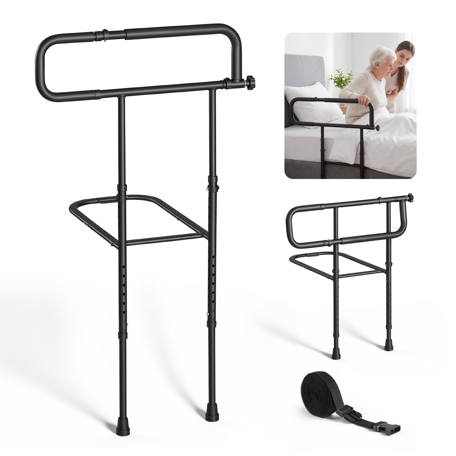 VEVOR Bed Rails for Elderly Adults Folding Bed Side Rail with Floor Support, Length & Height Adjustable, High-Strength Steel Bedside Assist Cane, Fits King Queen Full Twin Bed, 300LBS Strong Capacity