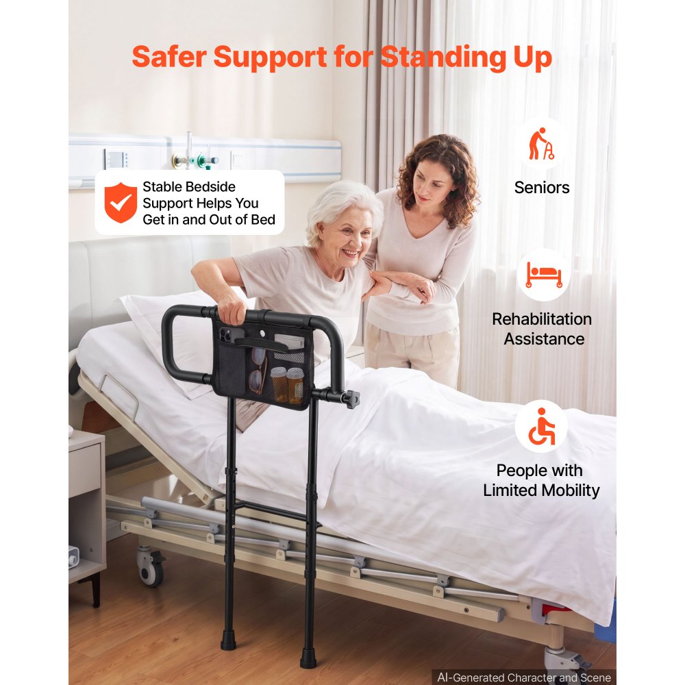 VEVOR Bed Rails for Elderly Adults Folding Bed Side Rail with Floor Support, Length & Height Adjustable, 136kg Strong Capacity, Bedside Assist Cane with Storage Pocket, Fits King Queen Full Twin Bed