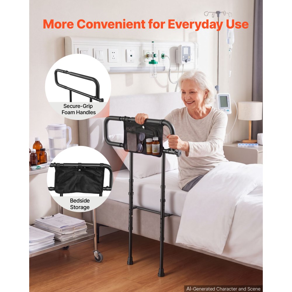 VEVOR Bed Rails for Elderly Adults Folding Bed Side Rail with Floor Support, Length & Height Adjustable, 136kg Strong Capacity, Bedside Assist Cane with Storage Pocket, Fits King Queen Full Twin Bed
