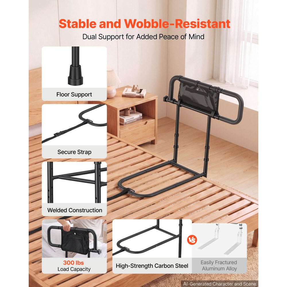 VEVOR Bed Rails for Elderly Adults Folding Bed Side Rail with Floor Support, Length & Height Adjustable, 300LBS Strong Capacity, Bedside Assist Cane with Storage Pocket, Fits King Queen Full Twin Bed