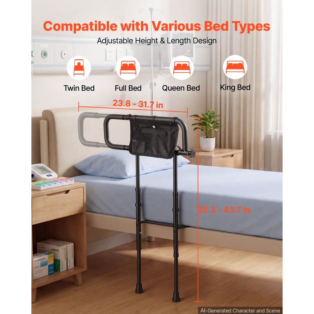 VEVOR Bed Rails for Elderly Adults Folding Bed Side Rail with Floor Support, Length & Height Adjustable, 300LBS Strong Capacity, Bedside Assist Cane with Storage Pocket, Fits King Queen Full Twin Bed