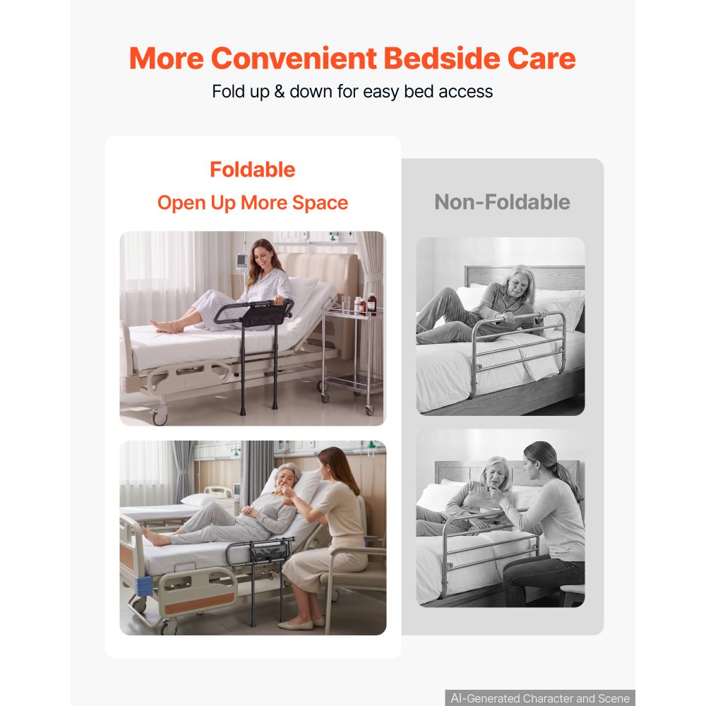 VEVOR Bed Rails for Elderly Adults Folding Bed Side Rail with Floor Support, Length & Height Adjustable, 300LBS Strong Capacity, Bedside Assist Cane with Storage Pocket, Fits King Queen Full Twin Bed