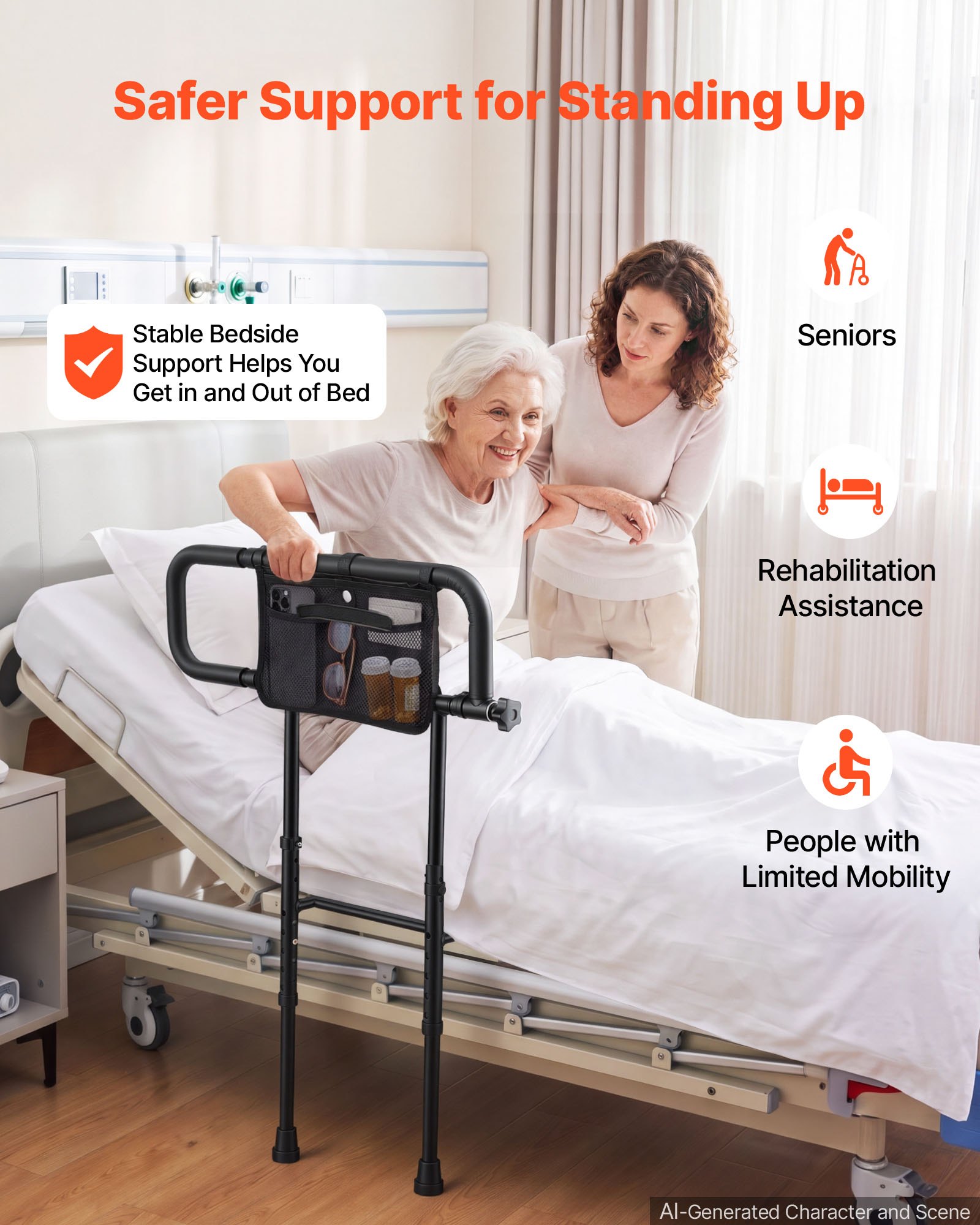 VEVOR Bed Rails for Elderly Adults Folding Bed Side Rail with Floor Support, Length & Height Adjustable, 300LBS Strong Capacity, Bedside Assist Cane with Storage Pocket, Fits King Queen Full Twin Bed