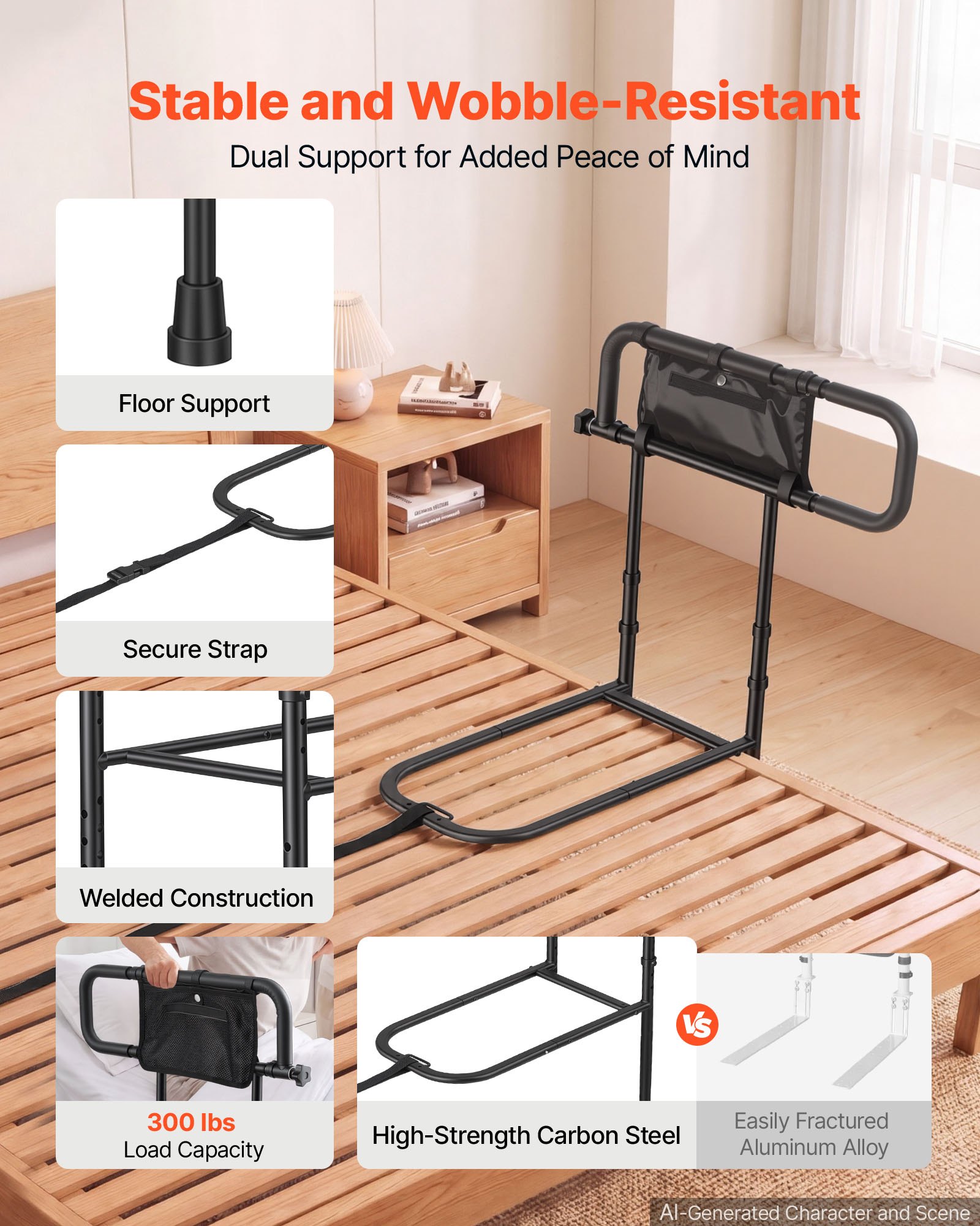 VEVOR Bed Rails for Elderly Adults Folding Bed Side Rail with Floor Support, Length & Height Adjustable, 300LBS Strong Capacity, Bedside Assist Cane with Storage Pocket, Fits King Queen Full Twin Bed