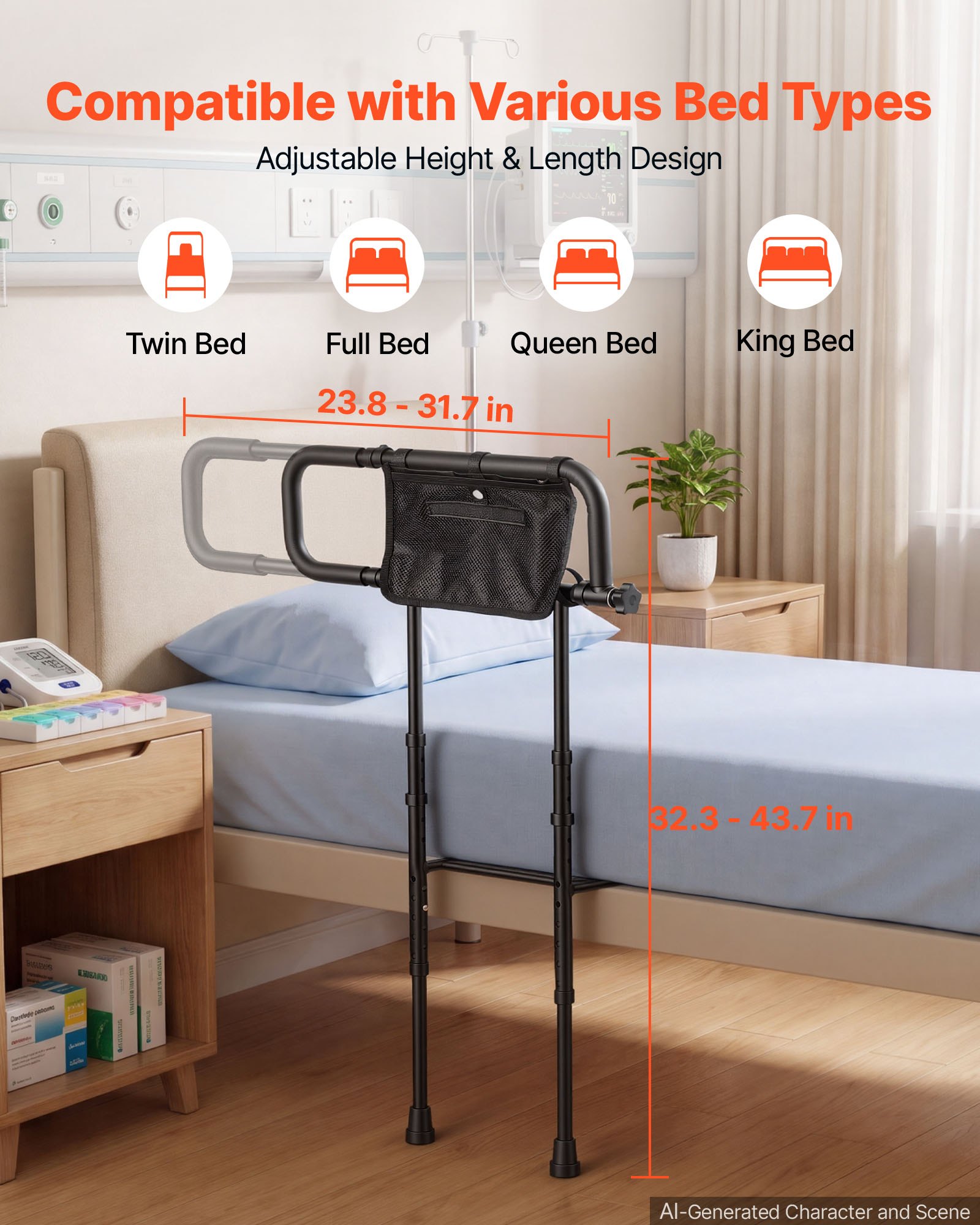 VEVOR Bed Rails for Elderly Adults Folding Bed Side Rail with Floor Support, Length & Height Adjustable, 300LBS Strong Capacity, Bedside Assist Cane with Storage Pocket, Fits King Queen Full Twin Bed