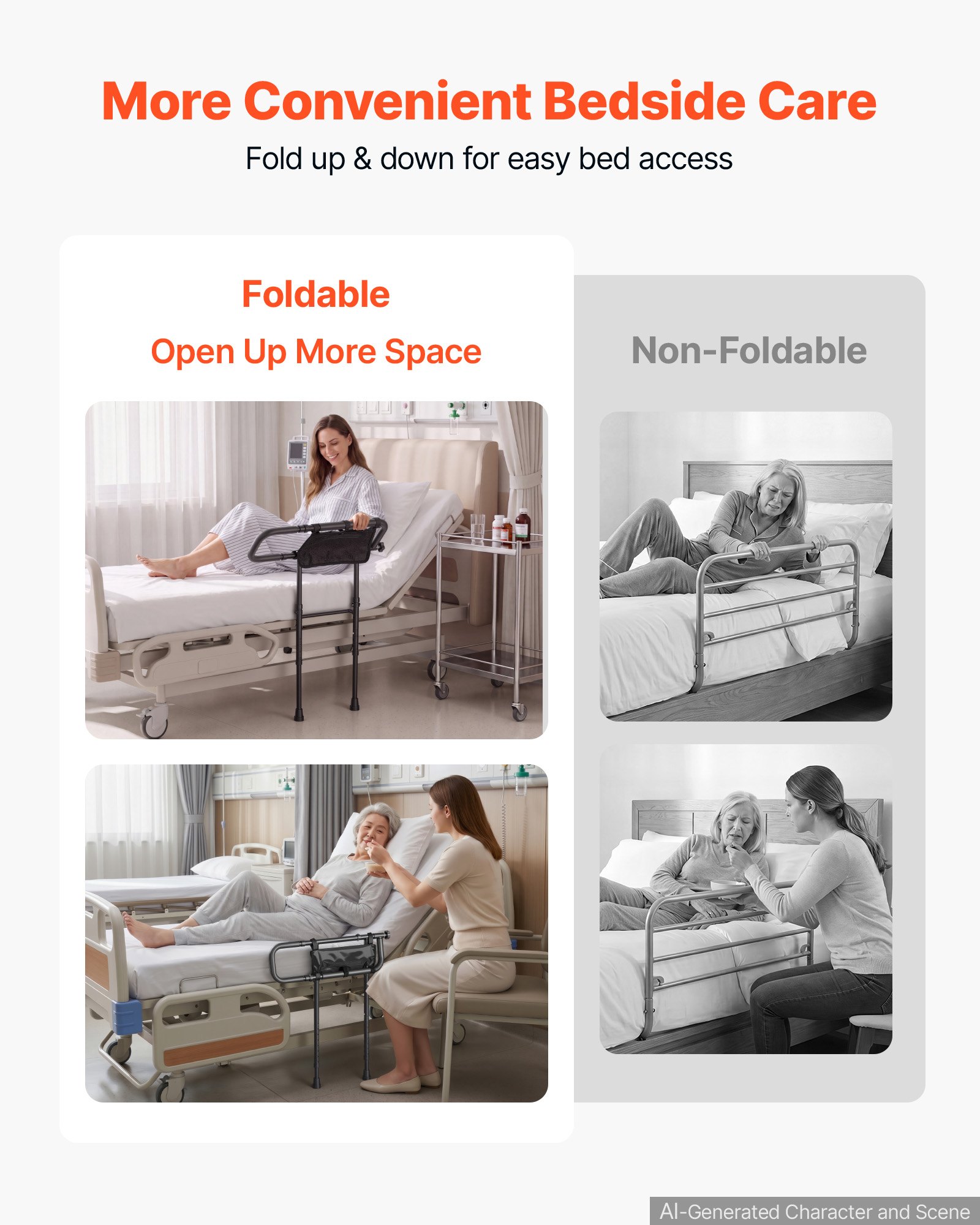 VEVOR Bed Rails for Elderly Adults Folding Bed Side Rail with Floor Support, Length & Height Adjustable, 300LBS Strong Capacity, Bedside Assist Cane with Storage Pocket, Fits King Queen Full Twin Bed