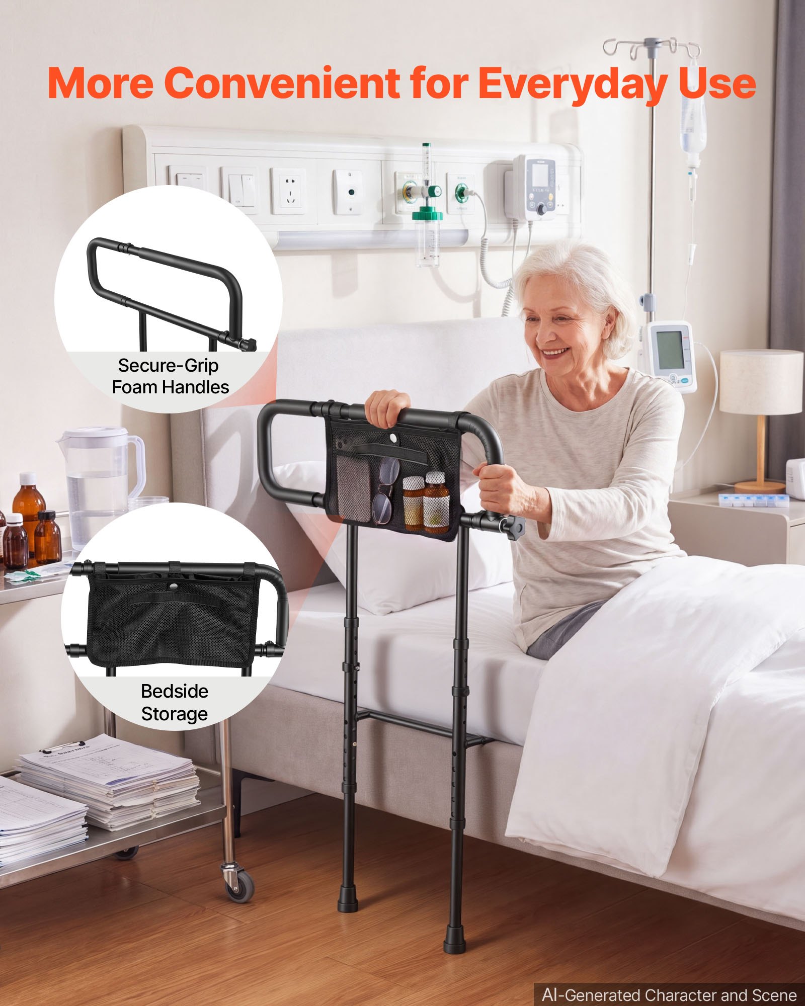 VEVOR Bed Rails for Elderly Adults Folding Bed Side Rail with Floor Support, Length & Height Adjustable, 300LBS Strong Capacity, Bedside Assist Cane with Storage Pocket, Fits King Queen Full Twin Bed