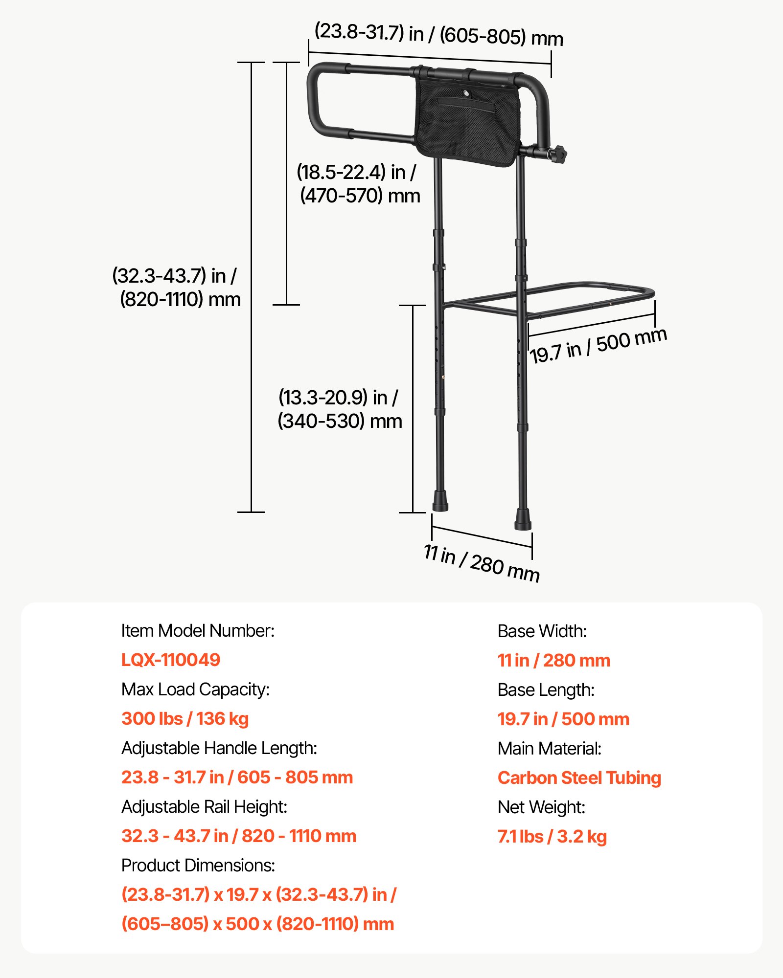 VEVOR Bed Rails for Elderly Adults Folding Bed Side Rail with Floor Support, Length & Height Adjustable, 300LBS Strong Capacity, Bedside Assist Cane with Storage Pocket, Fits King Queen Full Twin Bed
