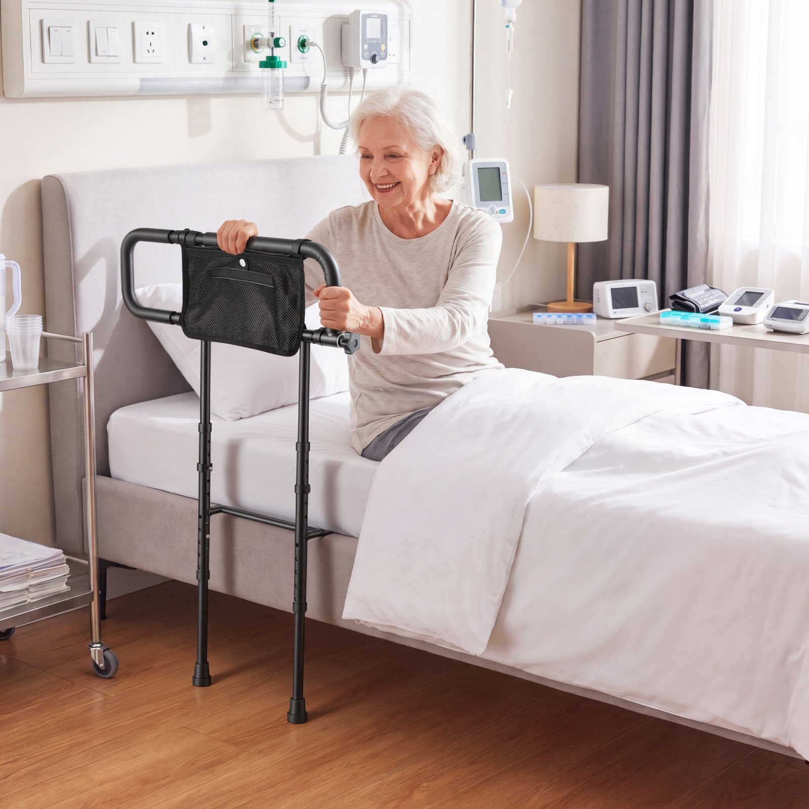 VEVOR Bed Rails for Elderly Adults Folding Bed Side Rail with Floor Support, Length & Height Adjustable, 300LBS Strong Capacity, Bedside Assist Cane with Storage Pocket, Fits King Queen Full Twin Bed