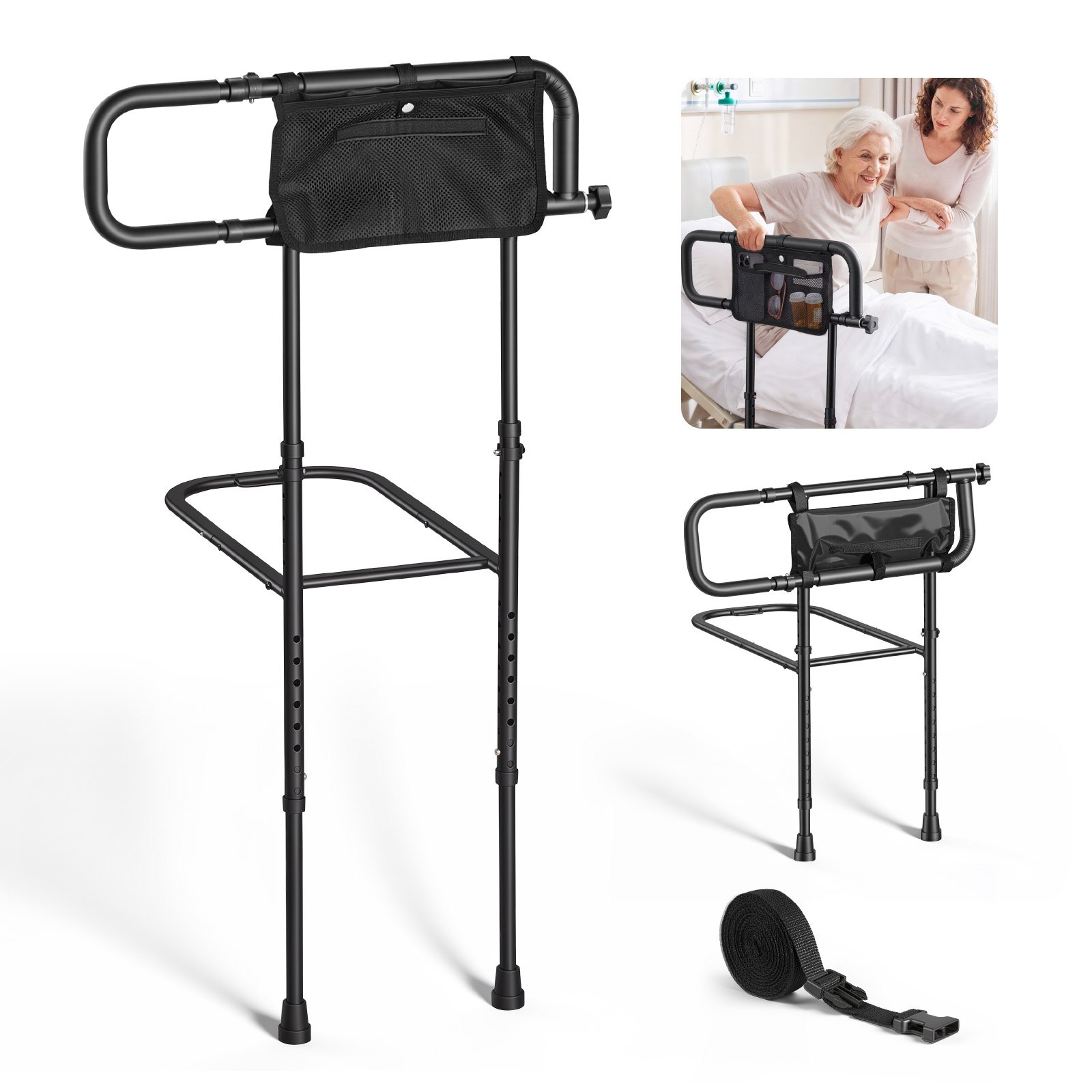 VEVOR Bed Rails for Elderly Adults Folding Bed Side Rail with Floor Support, Length & Height Adjustable, 300LBS Strong Capacity, Bedside Assist Cane with Storage Pocket, Fits King Queen Full Twin Bed