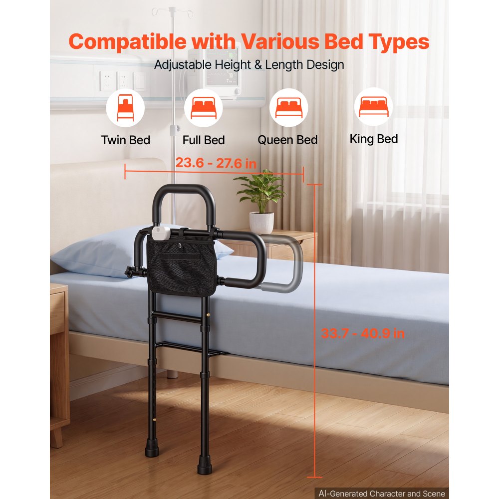 VEVOR Bed Rail for Elderly Adult Folding Bed Assist Rail with Floor Support, Motion Sensor LED Light, 136kg Dual-Handle Support, Adjustable Handle Length, Storage Pocket, Fit King Queen Full Twin Bed