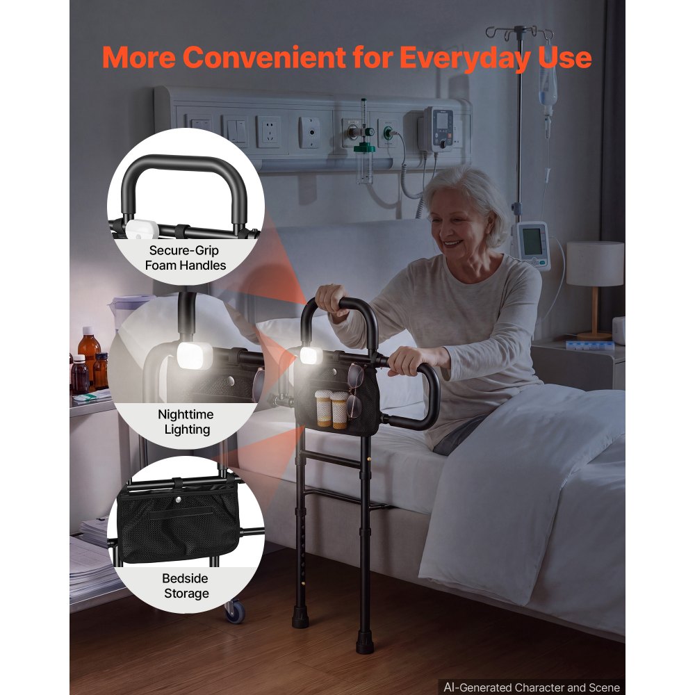 VEVOR Bed Rail for Elderly Adult Folding Bed Assist Rail with Floor Support, Motion Sensor LED Light, 136kg Dual-Handle Support, Adjustable Handle Length, Storage Pocket, Fit King Queen Full Twin Bed