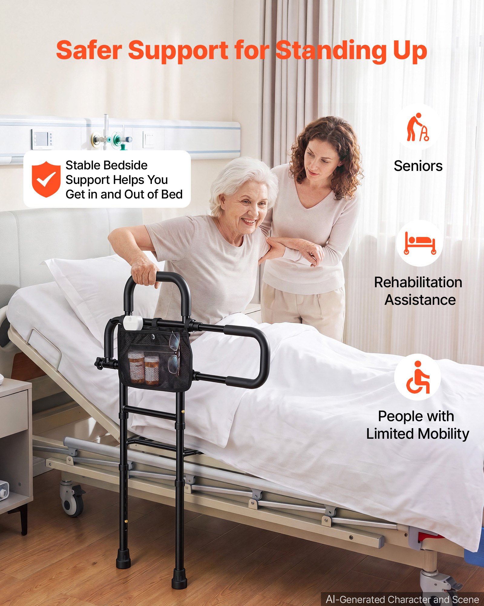 VEVOR Bed Rail for Elderly Adult Folding Bed Assist Rail with Floor Support, Motion Sensor LED Light, 136kg Dual-Handle Support, Adjustable Handle Length, Storage Pocket, Fit King Queen Full Twin Bed